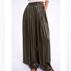 Zara Satin Effect Olive Green Wide‎ Leg Palazzo Pants High Rise Trouser Small